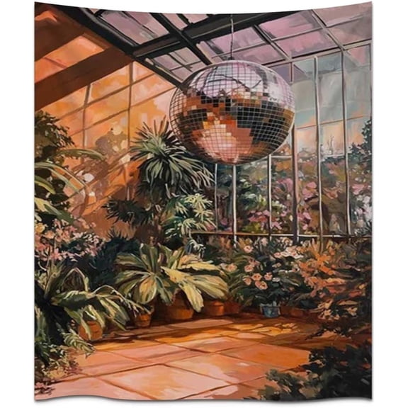 Vintage Disco Ball Greenhouse Botanical Tapestry Wall Hanging, Retro Floral Picture, 60 x 40 Inch, Green Aesthetic Home Decor for Bedroom Living Room Dorm