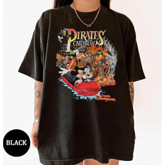 Vintage Disney Pirates of the Caribbean Mickey Donald Goofy T-shirt Disneyland ,Black Color,Size 3XL
