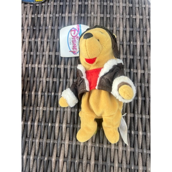 Vintage Disney Store Pilot Aviator Winnie The Pooh Mini Bean Bag 8" Plush (BONUS 1 FUN CHOPS)
