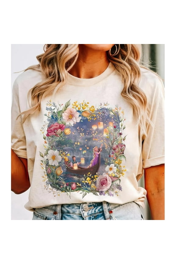 Vintage Disney Tangled Rapunzel Floral Shirt, Disney Princess Rapunzel Flynn Rider T-shirt, Lost Princess Tee, Magic Kingdom, Disney Trip ,Sand Color,Size L