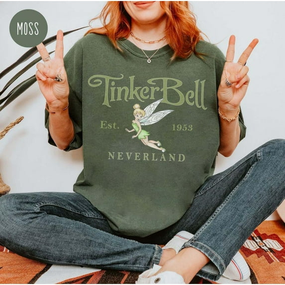 Vintage Disney Tinker Bell Comfort Colors T-Shirt, Tinkerbell 1953 Neverland, Peter Pan, Fairy Magical, Disneyworld Shirt,Moss color,size L