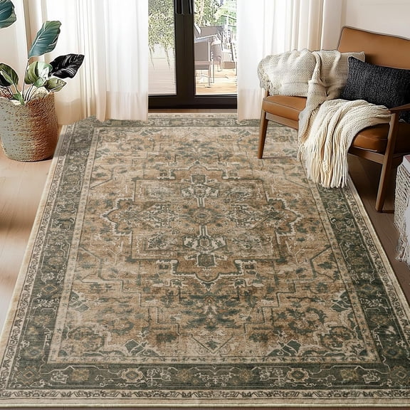Vintage Distressed 5x7 Area Rugs for Living Room Bedroom Non Slip Washable, Medallion Pattern Printed Low Pile Thin Carpet Rugs for Dining Room/Kitchen/Home Office, Multi Brown/Slate Green