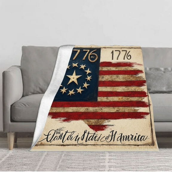 Vintage Distressed American Flag Flannel Blanket - Cozy Soft Throw for Sofa Travel Bed Chair - Features Red Stripes & Gold Stars