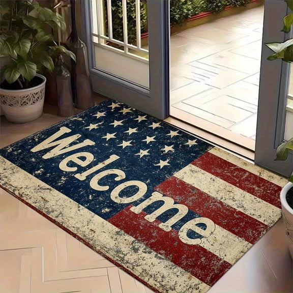 Vintage Distressed American Flag Welcome Coir Doormat Rustic Patriotic Front Door Entry Floor Mat