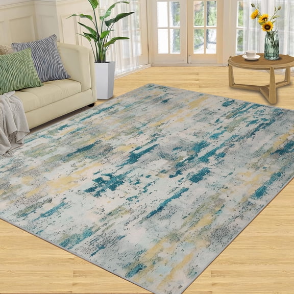 Vintage Distressed Area Rug, Green Grey Rugs For Living Room, Machine Washable Rug With Non-Slip Backing Indoor Carpet For Bedroom Study Office Apartment