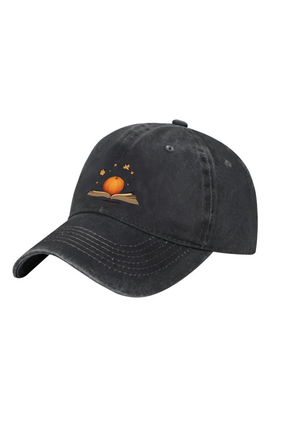 Vintage Distressed Baseball Cap - Adjustable Cotton Hat with Pumpkin on Book & Flying Leaves - Perfect for Fall
