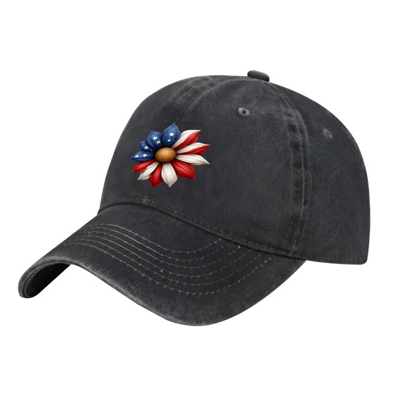 Vintage Distressed Baseball Cap - Adjustable Dark Gray Dad Hat with American Flag Flower Design Denim Material