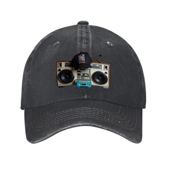 Vintage Distressed Baseball Cap - Dark Gray with Boombox Graphic Black Speakers & Blue Cassette Tape Curved Brim Golf Dad Hat for Men & Women
