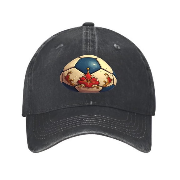 Vintage Distressed Baseball Cap for Men & Women - Black Hat with Colorful Soccer Ball & Red Leaf Design Unique Beige & Gold Pattern