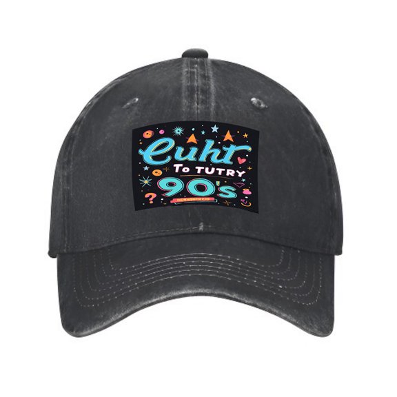 Vintage Distressed Baseball Cap with Colorful 90s Patch - Fun Geometric Shapes & Bright Text for Men & Women - Stylish Golf Dad Hat