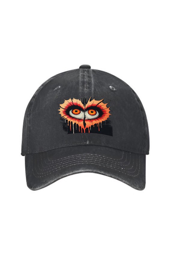 Vintage Distressed Baseball Cap with Fiery Owl Graphic Design Orange Eyes & Flame Pattern - Dad Hat for Men & Women
