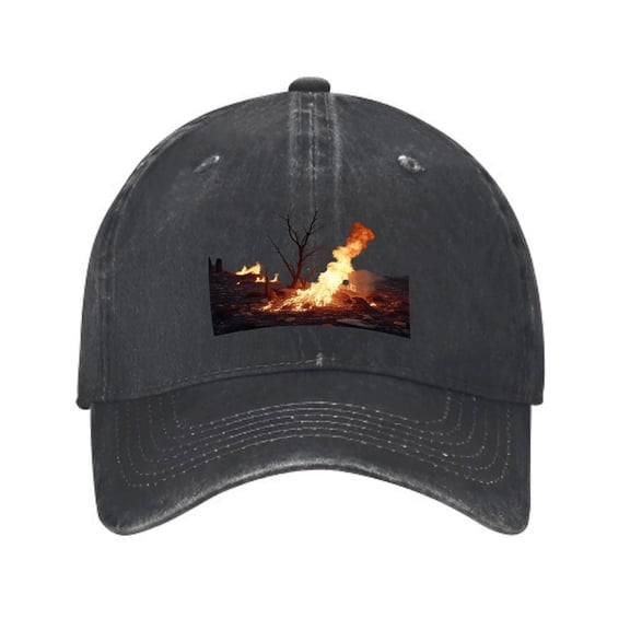 Vintage Distressed Baseball Cap with Fire Scene Patch - Unique Golf Dad Hat for Men & Women Curved Brim Casual Style