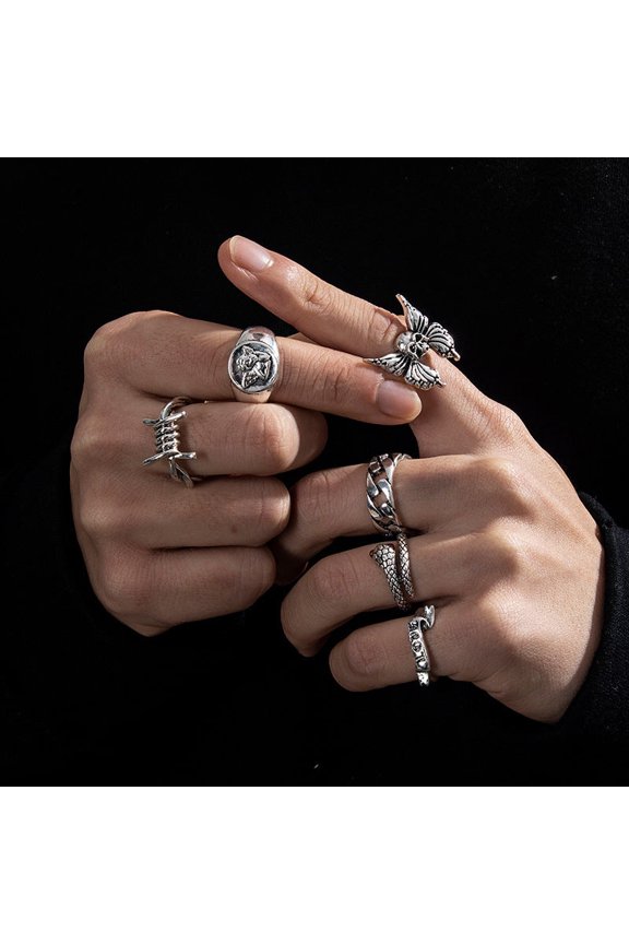 Vintage Distressed Bat Skull Double-Headed Snake Ring Set - Men's Alloy Dark Wind Style Rings (Set of 1)