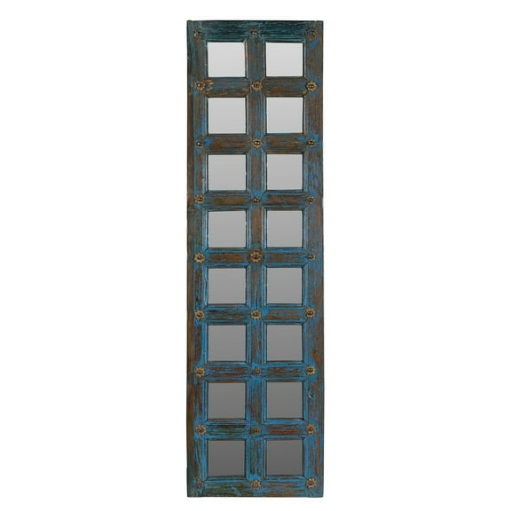 Vintage Distressed Blue Teak Wood 18in. Narrow Door With Mirror | Rustic Farmhouse Style Wall Hanging | Coastal Wall Panel With Brass Accent