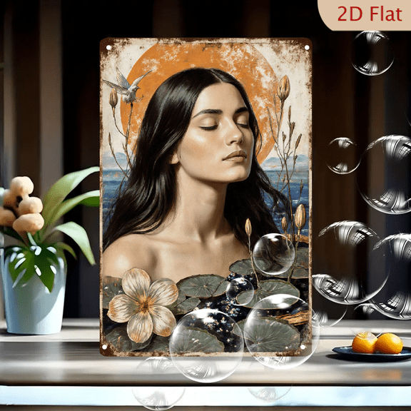 Vintage Distressed Border 8x12in Metal Wall Art, Serene Woman with Closed Eyes & Orange Sun/Moon, Botanical Lily Pads and Hummingbird, Seascape Background, Spiritual Dreamlike Decor for Living Room
