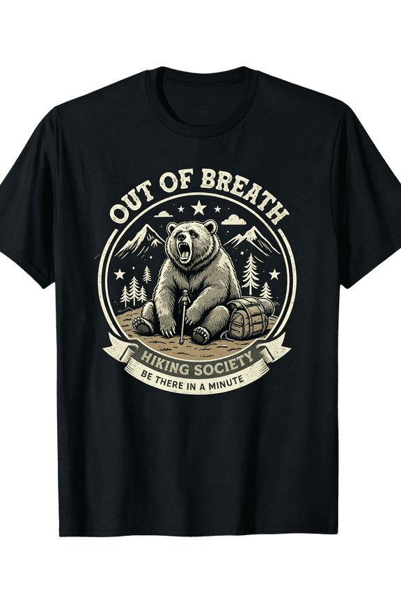 Vintage Distressed Circular Badge Bear Graphic T-Shirt For Men Women, Funny Out Of Breath Hiking Society Roaring Bear Mountain Pine Star Backpack Trekking Pole Print Crew Neck Short Sleeve Soft Cotto