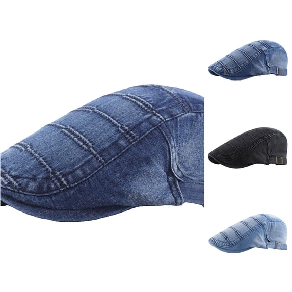 Vintage Distressed Denim Flat Cap Classic Sew‑Up Hat Adjustable Strap Lightweight Daily Driving Travel Beret Hat