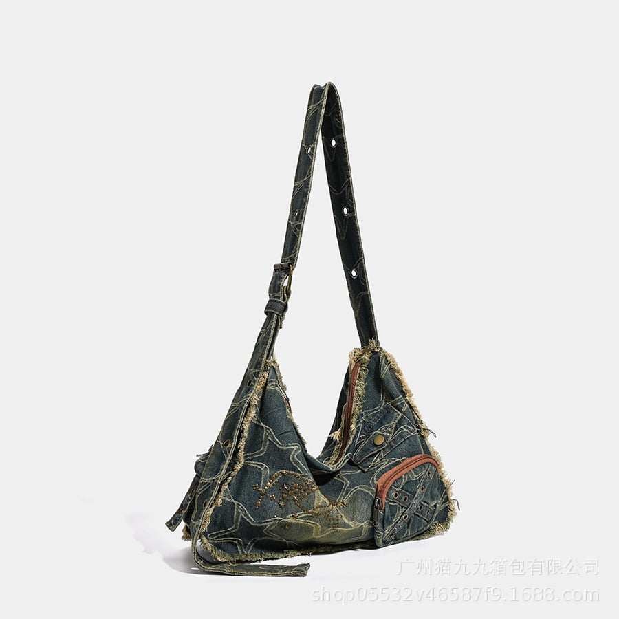 Vintage Distressed Denim Hobo Bag, Large Capacity Fringe Crossbody Purse with Adjustable Strap & Exterior Pocket for Daily/Travel Use