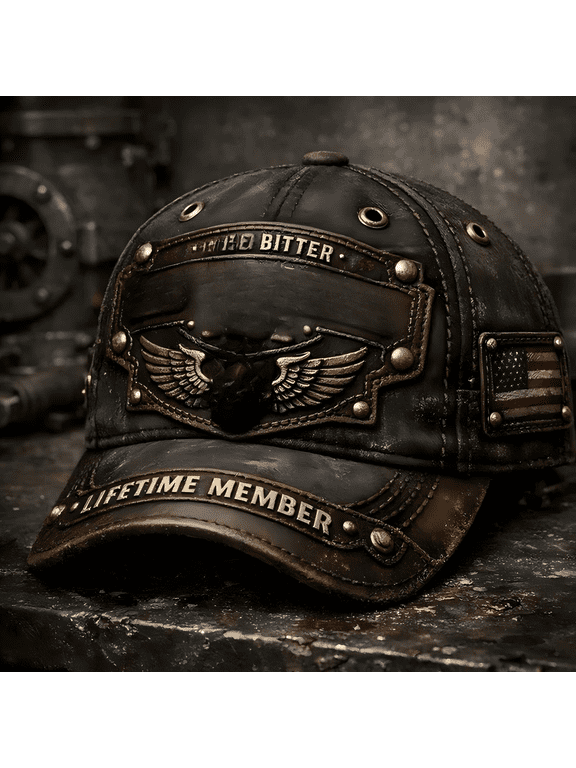 Vintage Distressed Faux Leather Baseball Cap, 3D Eagle Embroidery Rivet Studded Biker Hat, Adjustable Retro Trucker Dad Hat with Flag Patch for Men Women Motorcycle Outdoor Streetwear