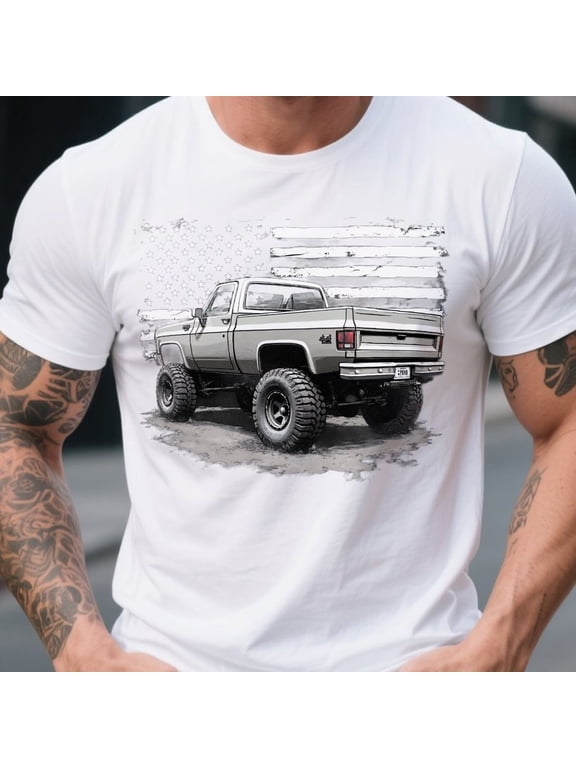 Vintage Distressed Flag Classic Pickup Truck T-Shirt Cotton Short Sleeve Retro Off-Road Tee with Truck Design Men Clothing