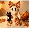 thumbnail image 1 of Vintage Distressed Ghost Desktop Ornament Patchwork Quilt Ghost Figure with Floral Print Bow and Black Cat Motif Retro Fall Halloween Decor for Table Mantel (F), 1 of 6