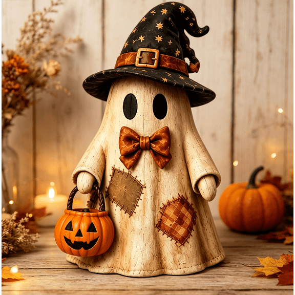 Vintage Distressed Ghost Desktop Ornament Patchwork Quilt Ghost Figure with Star Printed Witch Hat Bow Tie and Pumpkin Pail Retro Fall Halloween Decor for Table Mantel (E)