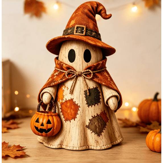 Vintage Distressed Ghost Desktop Ornament Patchwork Quilt Ghost Figure with Witch Hat Cloak and Pumpkin Pail Retro Fall Halloween Decor for Table Mantel (C)