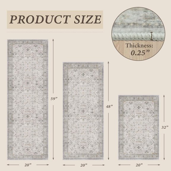 Vintage Distressed Kitchen Rug Set, Non Slip Washable Soft Floor Mat for Sink Area, Neutral Grey Beige Decorative Runner for Farmhouse  Décor