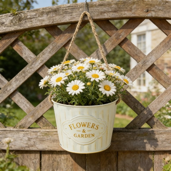 Vintage Distressed Metal Hanging Wall Planter, Rust-Resistant Dried Flower Bucket Wall Decor, Sturdy Hanging Metal Basket Pot with Hook, for Home Garden Porch Wall Entryway Decor, Beige