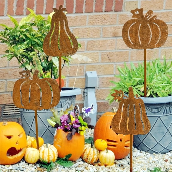Vintage Distressed Metal Pumpkin Garden Stake 2D Flat Iron Decorative Sign for Fall Autumn Harvest Halloween Yard Lawn Patio Outdoor Decor