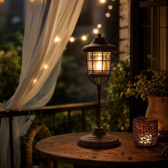 Vintage Distressed Metal Table Tall Candle Wire Cage Glass Table Lamp, Living Room Mantel Decor, Farmhouse Rustic Hurricane Lantern for Pillar Candle, LED Light, Indoor Outdoor Holder, Colorful