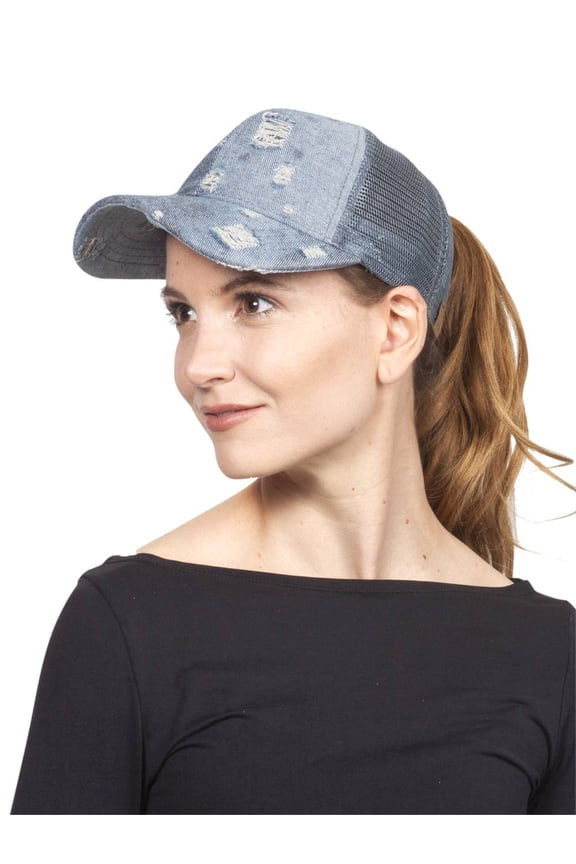 Vintage Distressed Pony Tail Outlet Mesh Adjustable Hat, Light Denim