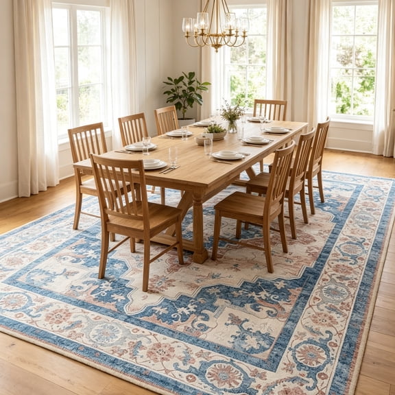 Vintage Distressed Printed Area Rug, 5'x8', Blue, Soft Indoor Rug for Living Room, Bedroom, Dining Room & Home Office