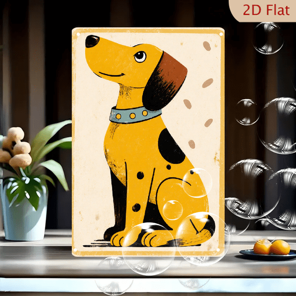 Vintage Distressed Retro Cartoon Dog Art Print, 8x12 Inch Metal Tin Sign with Yellow Spotted Pup, Floppy & Upright Ears, Blue Collar, Paw Prints Wall Decor for Home, Kitchen, Office