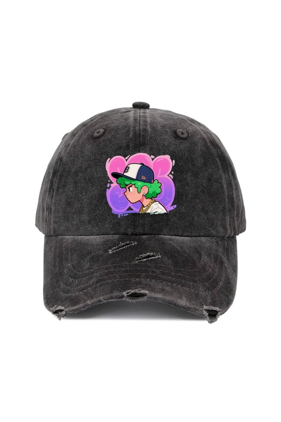 Vintage Distressed Ripped Denim Baseball Cap Hats for Men Women - Black Washed Cute Green Hair Chibi Hip Hop Rapper Neon Bubble Graphic Adjustable Dad Hat Caps