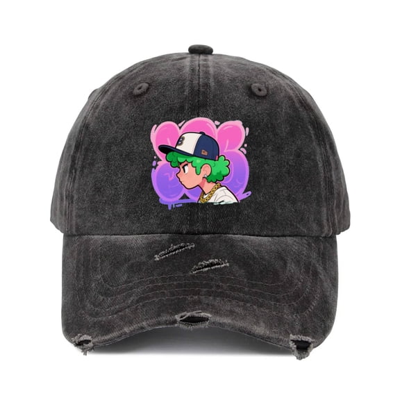 Vintage Distressed Ripped Denim Baseball Cap Hats for Men Women - Black Washed Cute Green Hair Chibi Hip Hop Rapper Neon Bubble Graphic Adjustable Dad Hat Caps