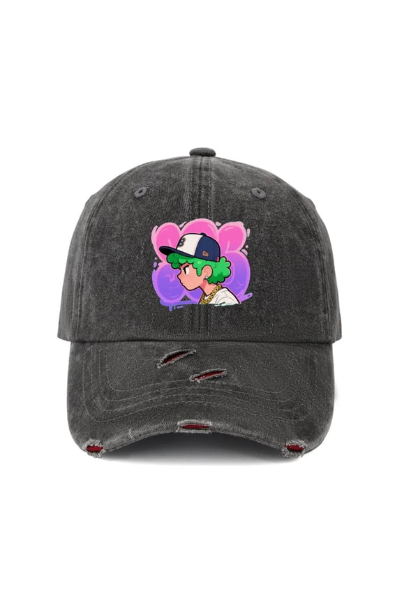 Vintage Distressed Ripped Denim Baseball Cap Hats for Men Women - Red Washed Cute Green Hair Chibi Hip Hop Rapper Neon Bubble Graphic Adjustable Dad Hat Caps