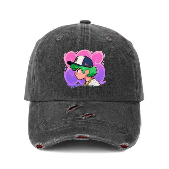 Vintage Distressed Ripped Denim Baseball Cap Hats for Men Women - Red Washed Cute Green Hair Chibi Hip Hop Rapper Neon Bubble Graphic Adjustable Dad Hat Caps