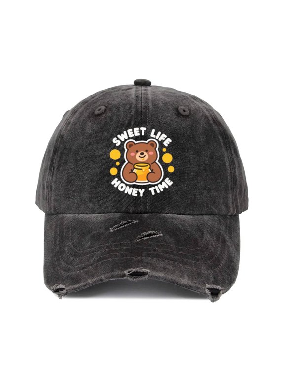 Vintage Distressed Ripped Denim Baseball Cap Hats for Men Women - Black Washed Bear Honey Sweet Life Graphic Adjustable Dad Hat Caps