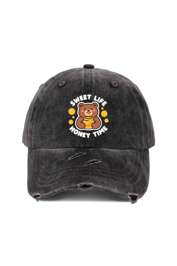 Vintage Distressed Ripped Denim Baseball Cap Hats for Men Women - Black Washed Bear Honey Sweet Life Graphic Adjustable Dad Hat Caps