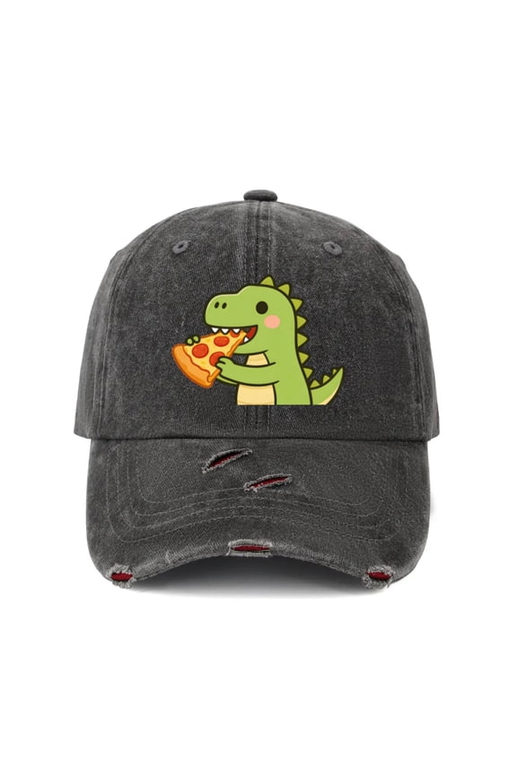 Vintage Distressed Ripped Denim Baseball Cap Hats for Men Women - Red Washed Cute Dinosaur Pizza Graphic Adjustable Dad Hat Caps