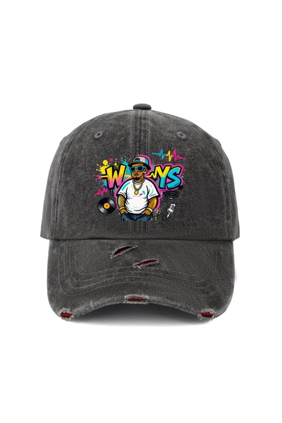 Vintage Distressed Ripped Denim Baseball Cap Hats for Men Women - Red Washed Hip Hop Rapper Ways Neon Graffiti Splash Graphic Adjustable Dad Hat Caps