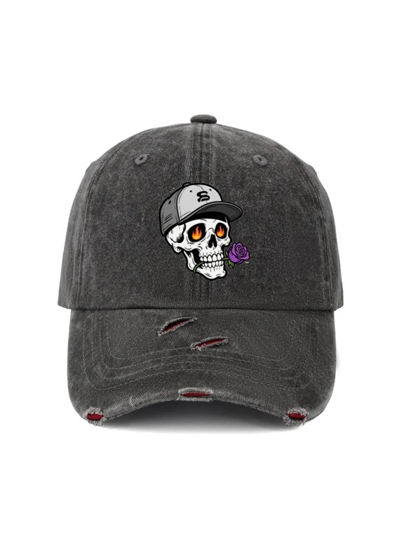 Vintage Distressed Ripped Denim Baseball Cap Hats for Men Women - Red Washed Skull Snapback Rose Flame Graphic Adjustable Dad Hat Caps