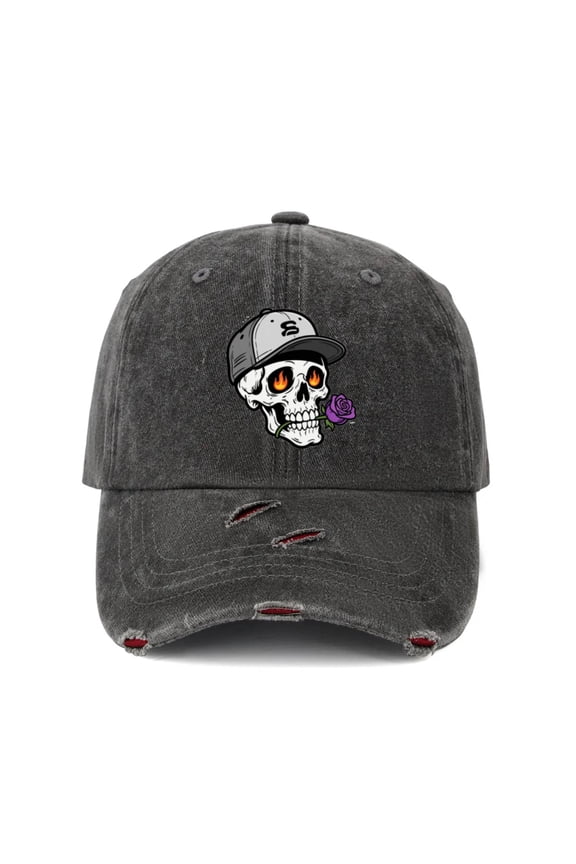 Vintage Distressed Ripped Denim Baseball Cap Hats for Men Women - Red Washed Skull Snapback Rose Flame Graphic Adjustable Dad Hat Caps