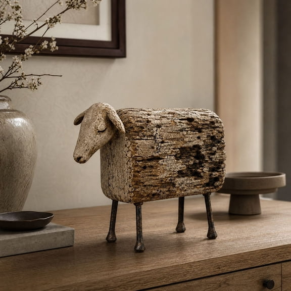 Vintage Distressed Sheep Sculpture, Primitive Farmhouse WoodMetal Sheep Figurine, Weathered Farm Animal Tabletop Statue, Rustic FolkArt Ornament for Shelf, Mantel & Home Decor