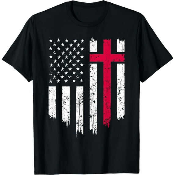 Vintage Distressed USA Flag Cross Christian Faith Gift T-Shirt