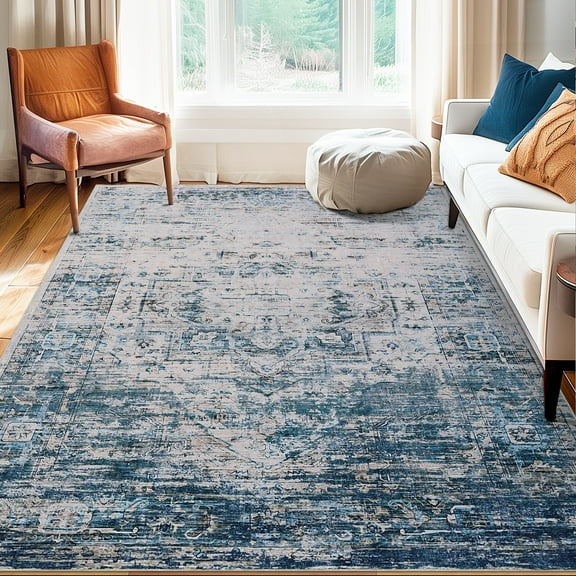 Vintage Distressed Washable Rug – Non-Slip Low Pile Ombre Carpet for Living Room Bedroom Dining Room Learning Space – Neutral Brown, Multiple Sizes