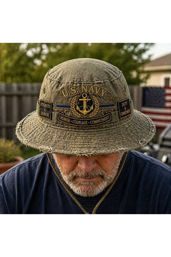 Vintage Distressed Washed Boonie Hat,US Military Veteran Embroidered Bucket Hat,Outdoor Sun Protection Fishing Hat with Chin Strap for Men