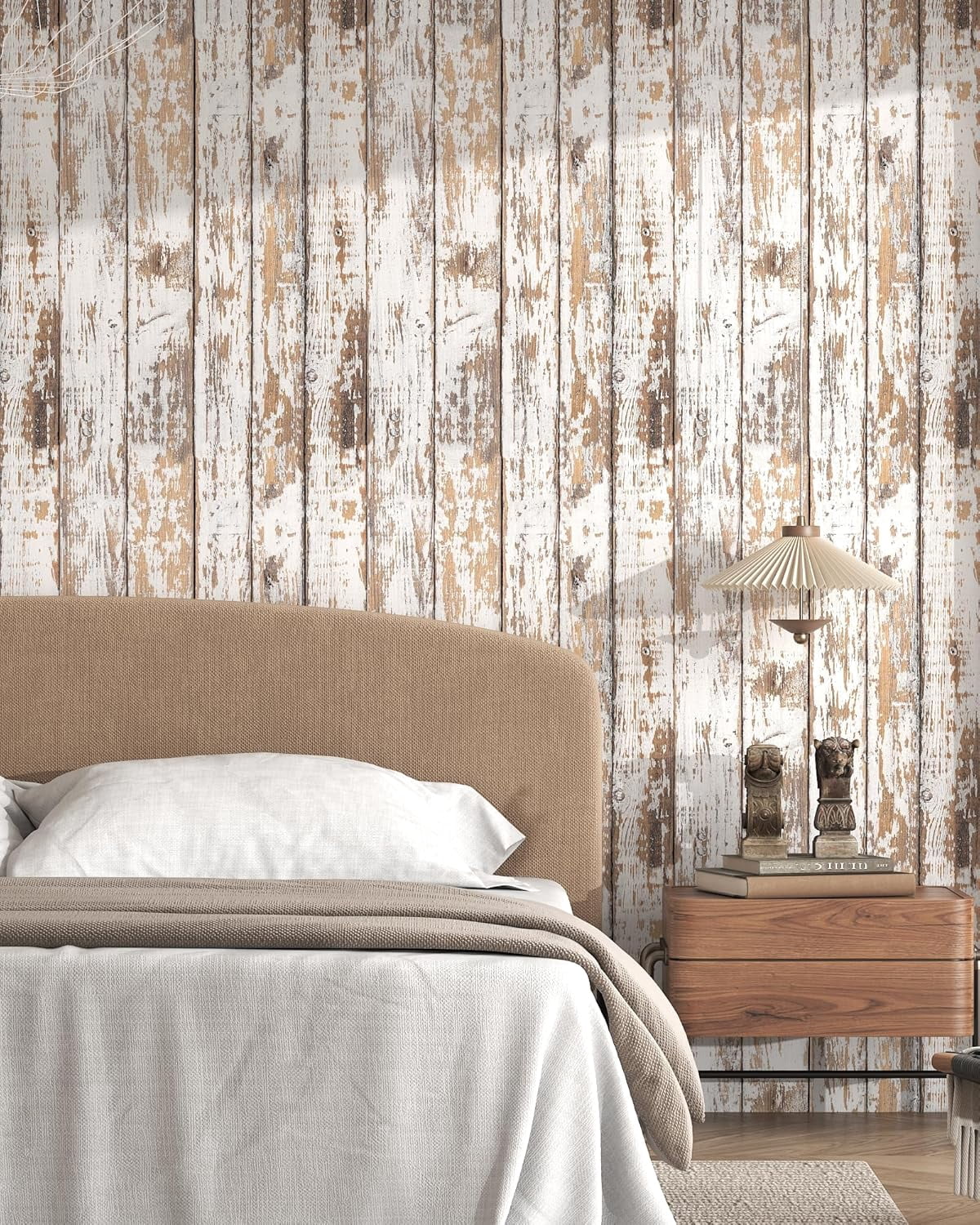 Vintage Distressed Wood Peel and Stick Wallpaper, White & Brown Shiplap Wood Grain Contact Paper 17.3" x 393", Self Adhesive Removable Vinyl Wall Paper for Cabinets, Shelves & Home DIY Decor
