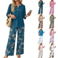 thumbnail image 1 of Vintage Ditsy Floral Print Two Piece Set for Women, 3/4 Sleeve Button Down Top & Wide Leg Pants - Retro Boho Casual Lounge Outfit with Flowy Trousers Khaki S, 1 of 7